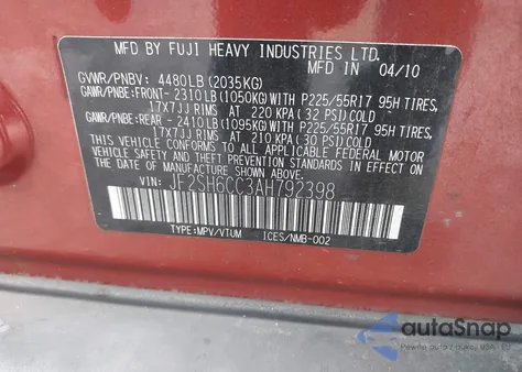 2010 Subaru Forester 2.5X Premium z USA, uszkodzony, nr VIN JF2SH6CC3AH792398